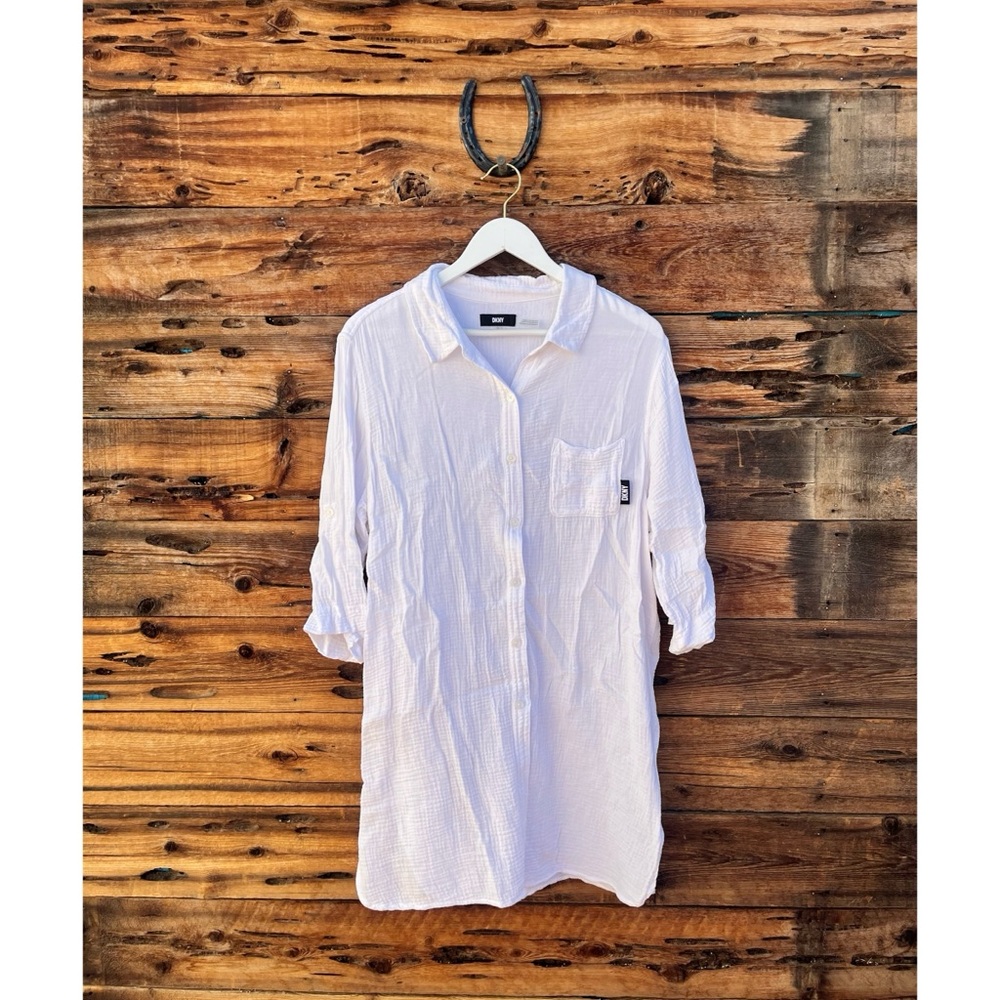 DKNY | White Gauze Button Down Long Sleeve Rolled Cuff Dress L